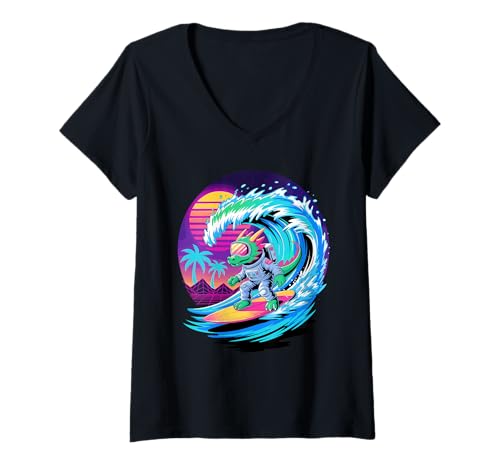 Damen Synthwave Surfer Drache Astronaut Drachen T-Shirt mit V-Ausschnitt Damen Synthwave Surfer Drache Astronaut Drachen T-Shirt mit V-Ausschnitt von Mythical Creature Lover Gifts