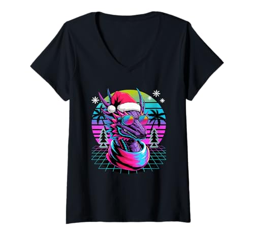Damen Weihnachten Synthwave Drache Sonnenbrille Drachen T-Shirt mit V-Ausschnitt von Mythical Creature Lover Gifts