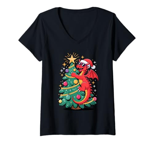 Damen Weihnachtsbaum Drache Sonnenbrille Drachen T-Shirt mit V-Ausschnitt von Mythical Creature Lover Gifts