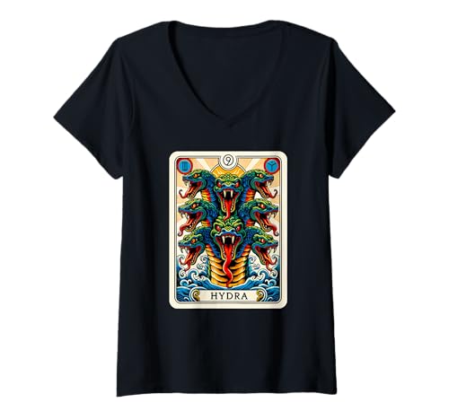 Damen Hydra Tarotkarte Griechische und römische mythologische Schlange T-Shirt mit V-Ausschnitt von Mythical Creature Multiheaded Serpent Apparel