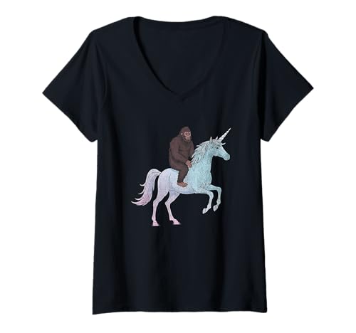 Damen Sasquatch Reiten Einhorn Fantasy Fun T-Shirt mit V-Ausschnitt Damen Sasquatch Reiten Einhorn Fantasy Fun T-Shirt mit V-Ausschnitt von Mythical Creature Sasquatch Unicorn Magic