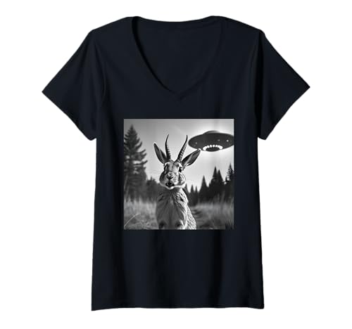 Damen Lustiges UFO und Jackalope T-Shirt mit V-Ausschnitt Damen Lustiges UFO und Jackalope T-Shirt mit V-Ausschnitt von Mythical Creatures And Jackrabbit Antelope Apparel