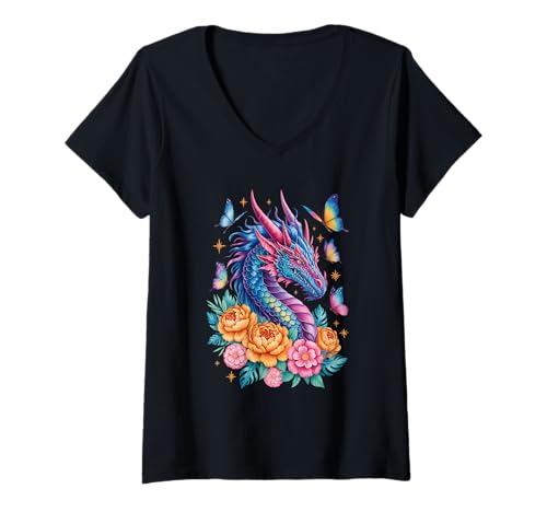 Damen Mythischer Drache Aquarell Blumen Schöne Kunst Bunt T-Shirt mit V-Ausschnitt Damen Mythischer Drache Aquarell Blumen Schöne Kunst Bunt T-Shirt mit V-Ausschnitt von Mythical Dragon Art