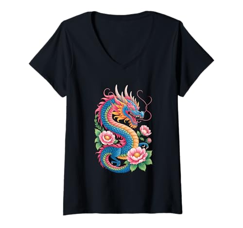 Damen Mythischer Drache Aquarell Blumen Schöne Kunst Bunt T-Shirt mit V-Ausschnitt von Mythical Dragon Art