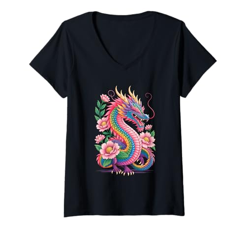 Damen Mythischer Drache Aquarell Blumen Schöne Kunst Bunt T-Shirt mit V-Ausschnitt Damen Mythischer Drache Aquarell Blumen Schöne Kunst Bunt T-Shirt mit V-Ausschnitt von Mythical Dragon Art