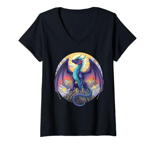 Damen Dragon Lantern Mountain Fantasy Mondhimmel Kreatur T-Shirt mit V-Ausschnitt Damen Dragon Lantern Mountain Fantasy Mondhimmel Kreatur T-Shirt mit V-Ausschnitt von Mythical Dragon Fan Gear Fantasy Creatures Apparel