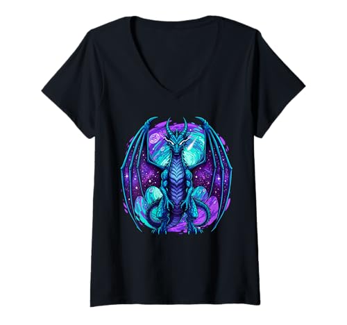 Damen Lila Drache Galaxie Fantasy Kreatur T-Shirt mit V-Ausschnitt Damen Lila Drache Galaxie Fantasy Kreatur T-Shirt mit V-Ausschnitt von Mythical Dragon Fan Gear Fantasy Creatures Apparel