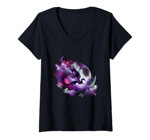 Damen Himmlischer lila Drache und Mond Cosmic Fantasy T-Shirt mit V-Ausschnitt Damen Himmlischer lila Drache und Mond Cosmic Fantasy T-Shirt mit V-Ausschnitt von Mythical Dragon