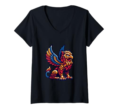 Damen Mythischer Griffin T-Shirt mit V-Ausschnitt von Mythical Griffin Gryphon Art