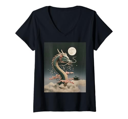 Damen Japanischer Drache Sakura Blüte Vollmond Fantasy Art Travel T-Shirt mit V-Ausschnitt von Mythical Oriental Serpent Night Temple Vacation