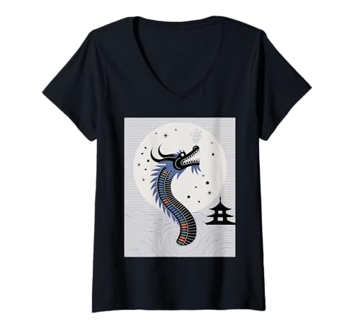 Damen Japanischer Drache Sakura Blüte Vollmond Fantasy Art Travel T-Shirt mit V-Ausschnitt von Mythical Oriental Serpent Night Temple Vacation