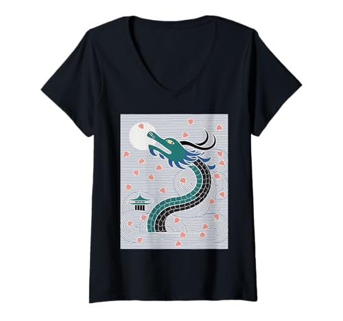 Damen Japanischer Drache Sakura Blüte Vollmond Fantasy Art Travel T-Shirt mit V-Ausschnitt von Mythical Oriental Serpent Night Temple Vacation