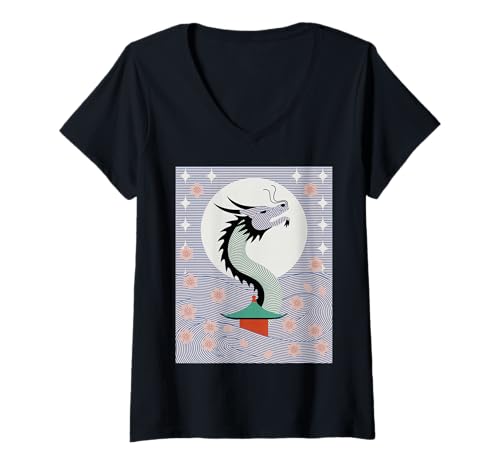 Damen Japanischer Drache Sakura Blüte Vollmond Fantasy Art Travel T-Shirt mit V-Ausschnitt von Mythical Oriental Serpent Night Temple Vacation