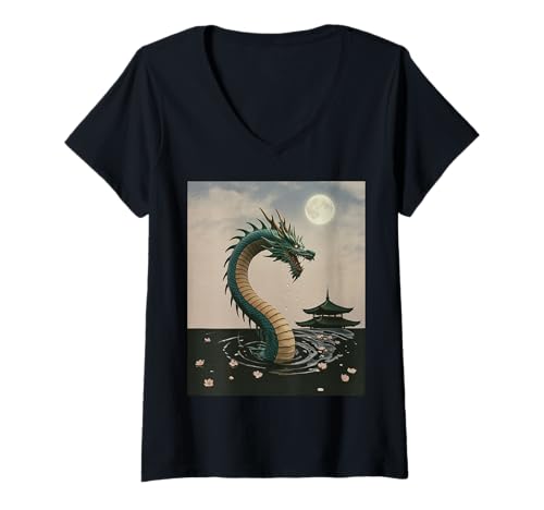 Damen Japanischer Drache Sakura Blüte Vollmond Fantasy Art Travel T-Shirt mit V-Ausschnitt von Mythical Oriental Serpent Night Temple Vacation