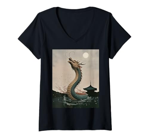 Damen Japanischer Drache Sakura Blüte Vollmond Fantasy Art Travel T-Shirt mit V-Ausschnitt von Mythical Oriental Serpent Night Temple Vacation