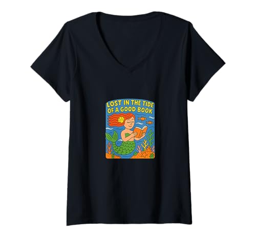 Damen Lesen: Die Meerjungfrau, verloren in der Flut eines guten Buches: Der Ozean T-Shirt mit V-Ausschnitt Damen Lesen: Die Meerjungfrau, verloren in der Flut eines guten Buches: Der Ozean T-Shirt mit V-Ausschnitt von Mythical Pages Co Art