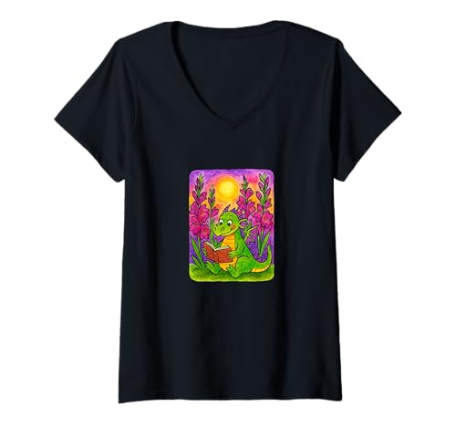 Damen Süße Lesedrachen-Fantasy-Bookish-Bibliothekarin Vibes T-Shirt mit V-Ausschnitt von Mythical Readers Books