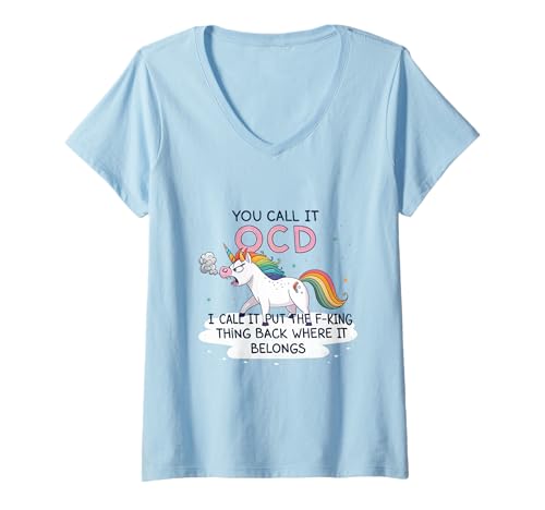 Damen Einhorn, du nennst es OCD, ich nenne es, leg das verdammte Ding zurück T-Shirt mit V-Ausschnitt Damen Einhorn, du nennst es OCD, ich nenne es, leg das verdammte Ding zurück T-Shirt mit V-Ausschnitt von Mythical Sass Studio