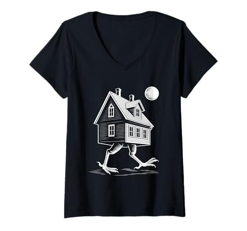 Damen Slawische Folklore Baba Yaga Walking House auf Hühnerbeinen T-Shirt mit V-Ausschnitt Damen Slawische Folklore Baba Yaga Walking House auf Hühnerbeinen T-Shirt mit V-Ausschnitt von Mythical Slavic Folklore Baba Yaga Magical Hut