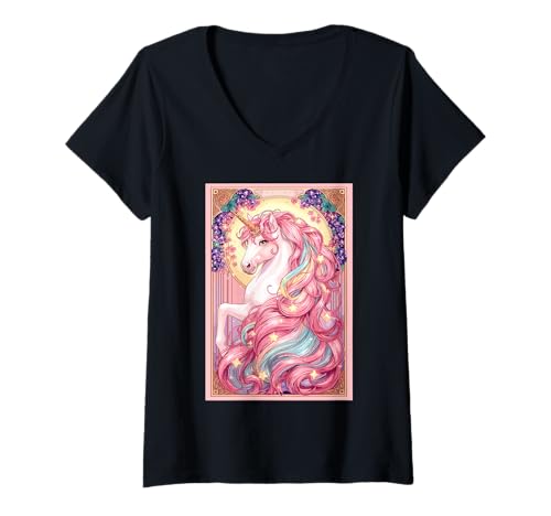 Damen Märchenpferd mit schöner pastellfarbener Mähne und goldenem Horn T-Shirt mit V-Ausschnitt Damen Märchenpferd mit schöner pastellfarbener Mähne und goldenem Horn T-Shirt mit V-Ausschnitt von Mythical Unicorn Magical Horn And Flowing Hair