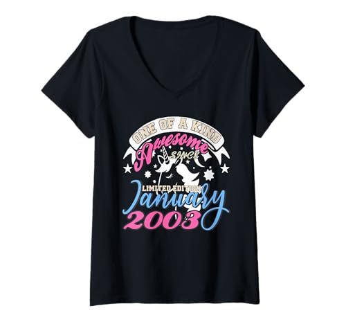 Damen Magisches Einhorn Sterne Mond Januar 2003 Fantasy T-Shirt mit V-Ausschnitt Damen Magisches Einhorn Sterne Mond Januar 2003 Fantasy T-Shirt mit V-Ausschnitt von Mythische Kreatur und Geburtstag Thema