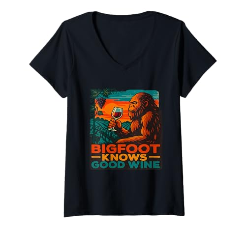 Damen Cryptid Weinliebhaber Retro-Stil T-Shirt mit V-Ausschnitt Damen Cryptid Weinliebhaber Retro-Stil T-Shirt mit V-Ausschnitt von Mythischer Waldwein-Humor