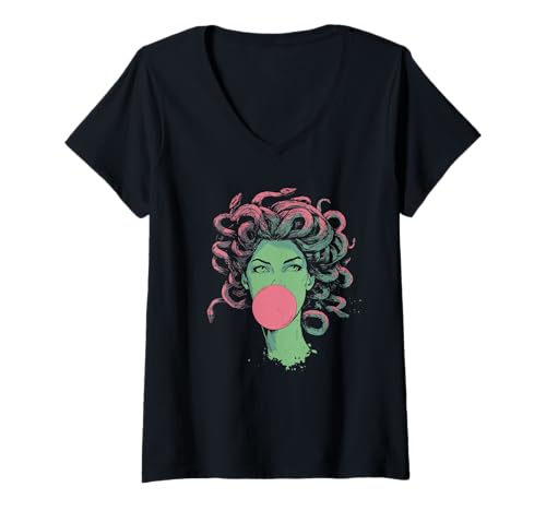 Damen Medusa Bubblegum Mythologische Schlangenhaargöttin T-Shirt mit V-Ausschnitt von MythoThreads