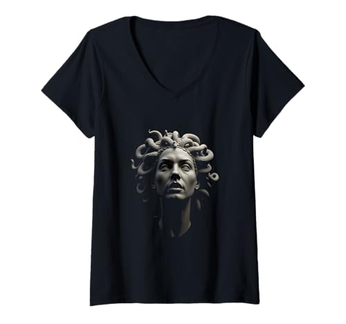 Damen Medusa Gorgon Head Mythologische Schlangenhaarkunst T-Shirt mit V-Ausschnitt Damen Medusa Gorgon Head Mythologische Schlangenhaarkunst T-Shirt mit V-Ausschnitt von Mythological Fun Designs