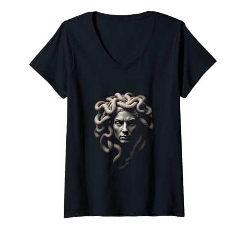 Damen Medusa Gorgon Head Mythologische Schlangenhaarkunst T-Shirt mit V-Ausschnitt Damen Medusa Gorgon Head Mythologische Schlangenhaarkunst T-Shirt mit V-Ausschnitt von Mythological Fun Designs
