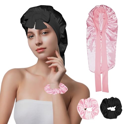 Mythosurge 2 Stück Lange Satin Seidenhaube zum Schlafen für Damen,Haube mit Bindeband und Haargummis, Schlafmütze für Langes Lockiges Haar, Zöpfe (Schwarz + Rosa) von Mythosurge
