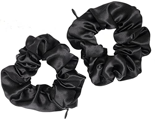 Mytoptrendz® Haargummis aus weichem seidigem Satin, mit versteckter Reißverschlusstasche, für Mädchen, Haargummi für Damen, 2 Stück (schwarz) von Mytoptrendz