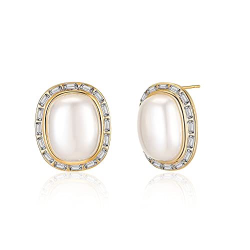 Mytys Pearl Stud Earrings for Women-Oval Shape 14K Gold Plated Stud Earring-Fashion Gold Hypoallergenic Earrings von Mytys