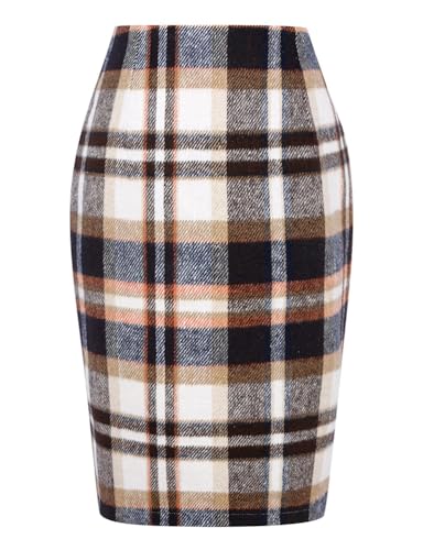 Mywinway Karierte Röcke für Damen 2024 Herbst Winter knielanger Woll-Bleistiftrock, 1-braun, Mittel von Mywinway