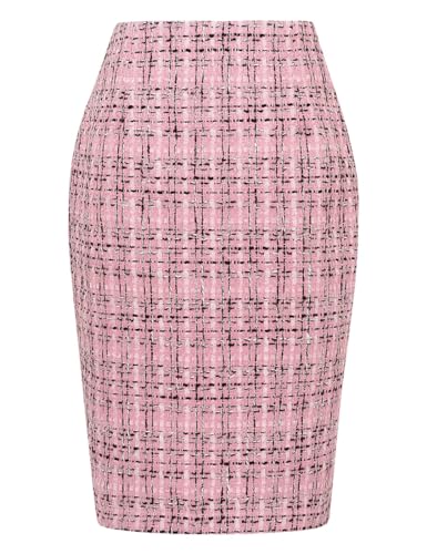 Mywinway Karierte Röcke für Damen 2024 Herbst Winter knielanger Woll-Bleistiftrock, Tweed-Pink, Mittel von Mywinway