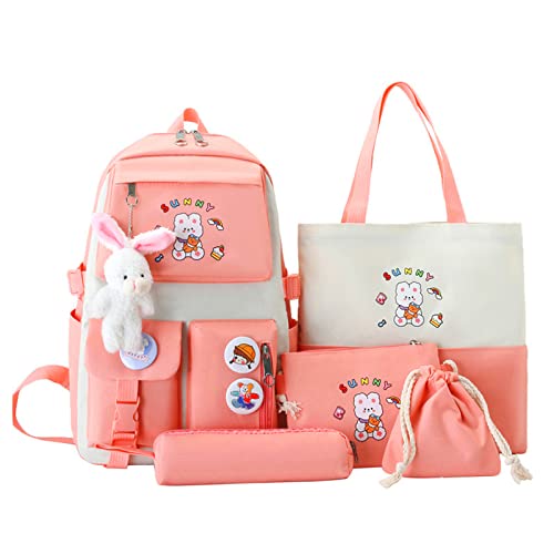 Myyunhx Rucksack für Mädchen Set von 5 Leinwand Schulmädchen Rucksack Kawaii versammelte Rucksack mit Plüsch Kaninchenanhänger und Cartoon Aufkleber Kinder Plüsch Rucksack für Teen Mädchen (Ros) von Myyunhx