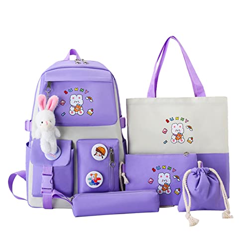 Myyunhx Rucksack für Mädchen Set von 5 Leinwand Schulmädchen Rucksack Kawaii versammelte Rucksack mit Plüsch Kaninchenanhänger und Cartoon Aufkleber Kinder Plüsch Rucksack für Teen Mädchen (Lila) von Myyunhx