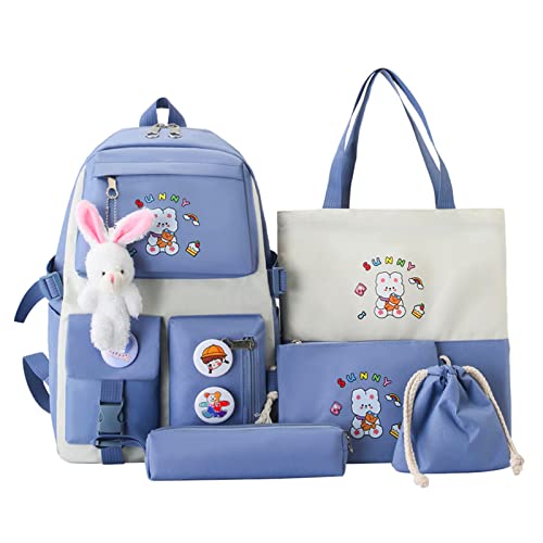 Myyunhx Rucksack für Mädchen Set von 5 Leinwand Schulmädchen Rucksack Kawaii versammelte Rucksack mit Plüsch Kaninchenanhänger und Cartoon Aufkleber Kinder Plüsch Rucksack für Teen Mädchen (Blau) von Myyunhx