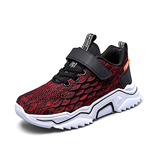 Mzhki Kinderschuhe Turnschuhe Klettverschluss Laufschuhe Atmungsaktive Leichte Trekkingschuhe Hallenschuhe Outdoor Straßenlaufschuhe Jungen Mädchen SchwarzRot 36EU von Mzhki