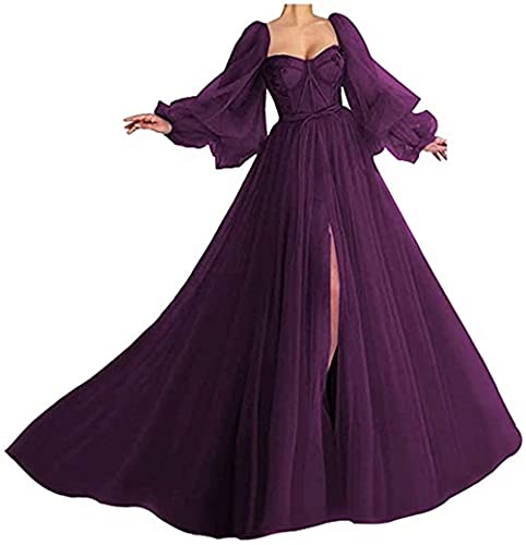 Damen Elegant Schulterfrei Puffärmel Ballkleider Tüll Prinzessin Ballkleider, grape, 46 von N/ C