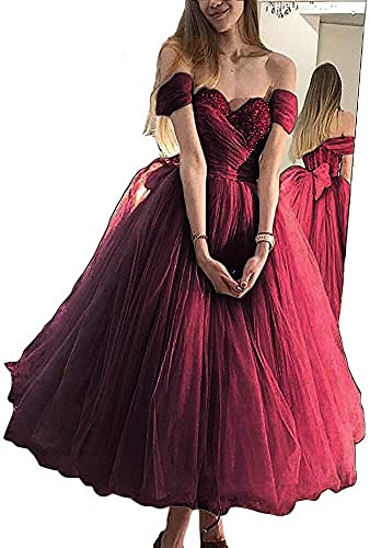 Damen Sweetheart Ballkleider Tüll Prinzessin Elegant Kleider Schulterfrei Ballkleid, burgunderfarben, 38 von N/ C