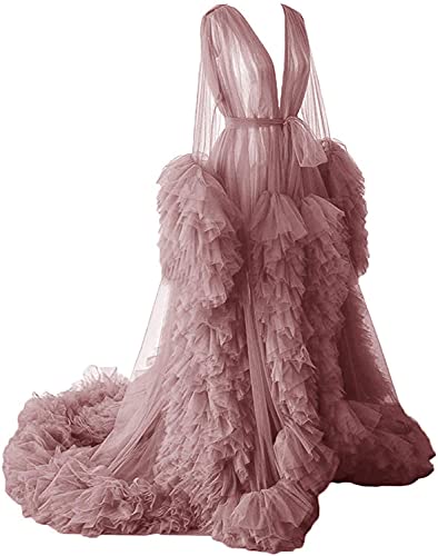 Damen Tüll Robe Shooting Wearing a robe of see-through tulle long puffy maternity photo shooting, Dusty Rose, 38 von N/ C
