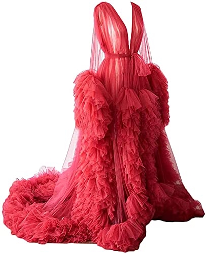 Damen Tüll Robe Shooting Wearing a robe of see-through tulle long puffy maternity photo shooting, rot, 36 von N/ C
