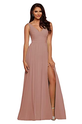 N/ C Brautjungfernkleid für Damen, V-Ausschnitt, Chiffon, A-Linie, plissiert, formelle Abendkleider mit Schlitz, rosa - dusty pink, 48 von N/ C