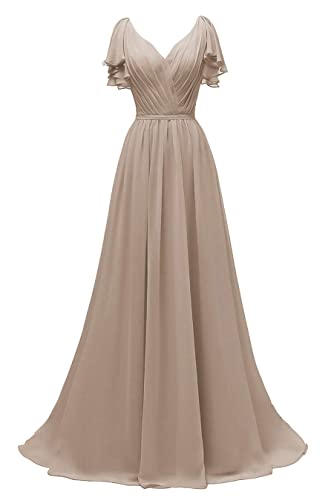 N/ C Brautjungfernkleid mit Rüschenärmeln, V-Ausschnitt, Chiffon, lang, formelle Hochzeits-Abendkleider, taupe, 32 von N/ C