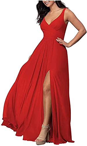 N/ C Brautjungfernkleider für Frauen Tiefer V-Ausschnitt Rückenfrei Lange formelle Hochzeit Abendkleider Schlitz, rot, 40 von N/ C