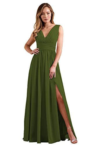 N/ C C008 langes Brautjungfernkleid mit V-Ausschnitt, Chiffon, A-Linie, plissiert, Ballkleid mit Taschen, olivgrün, 36 von N/ C