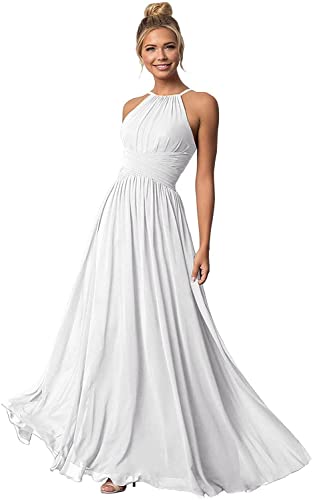 N/ C C016 Brautjungfernkleid, Chiffon, A-Linie, plissiert, Ballkleid mit Taschen, weiß, 38 von N/ C