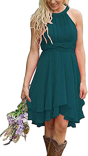 N/ C Chiffon Brautjungfer Kleider Halfter Trauzeugin Kleider Kurz A-Linie Hochzeitsgäste Kleid für Frauen, pfau, 48 von N/ C