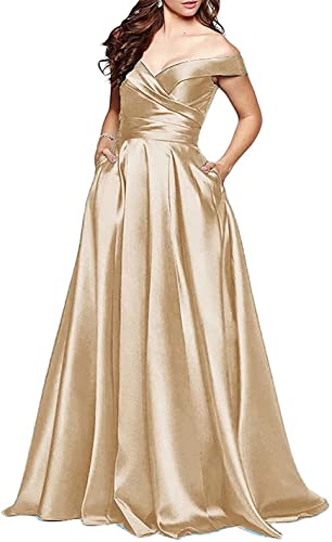 N/ C Damen Ballkleider Schulterfrei Ärmellos A-Linie Lang Abendkleider mit Taschen, champagnerfarben, 44 von N/ C