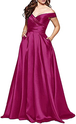 N/ C Damen Ballkleider Schulterfrei Ärmellos A-Linie Lang Abendkleider mit Taschen, rosarot, 32 von N/ C